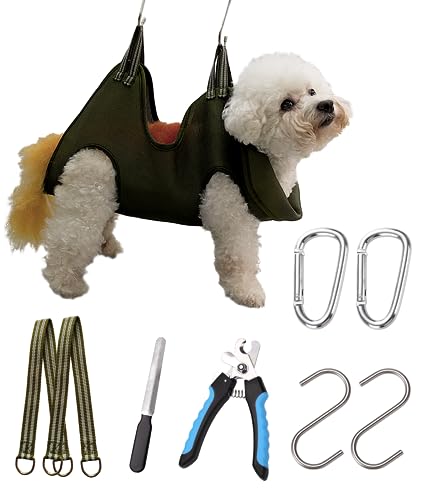 10 in 1 Dog Grooming Hammock Harness with Clippers (S/Under 30 lb / Khaki Green)