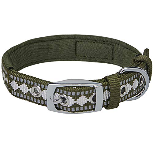 Reflective Jacquard Dog Collar with Neoprene Padding & Metal Buckle (Large / Metal Buckle-Olive)