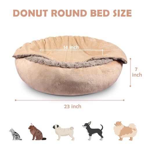 Small Dog Cat Bed With Hooded Blanket (S(23" x 23" x 7") / Beige)