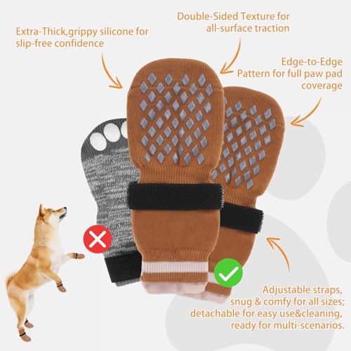 Anti Slip Dog Socks Shoes for Hot Pavement to Prevent Licking Paws Scratching (Khaki / Medium (4 Pack))