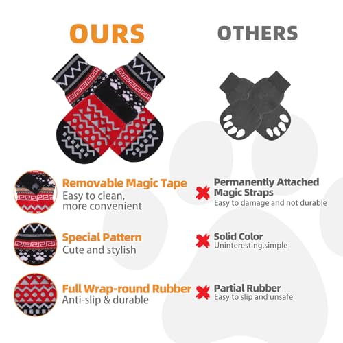 Dog Socks to Prevent Licking Paws for Hardwood Floors Anti Slip (Red Ornamentation / Small/Medium (4 Pack))