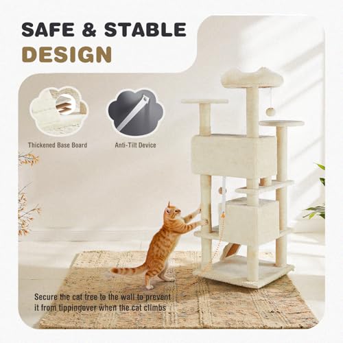54 Inch Cat Tree Tower with Natural Sisal Scratching Post (Cream / 54IN)