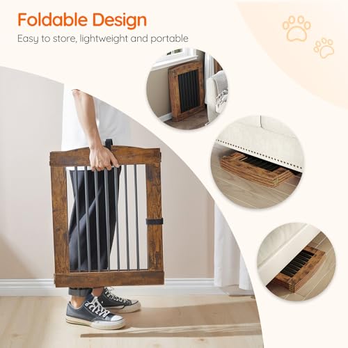 Indoor Dog Gate with Support Feet (Rustic Brown / 【4 Panels】80.3"L x 24"H)