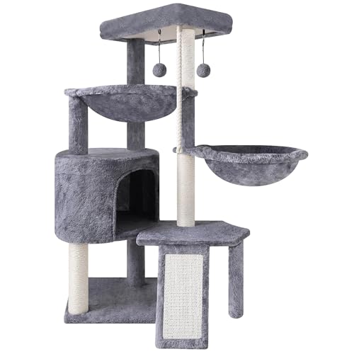 Three Layer Cat Tree with Cat Condo and Two Hammocks (Small / Grey)