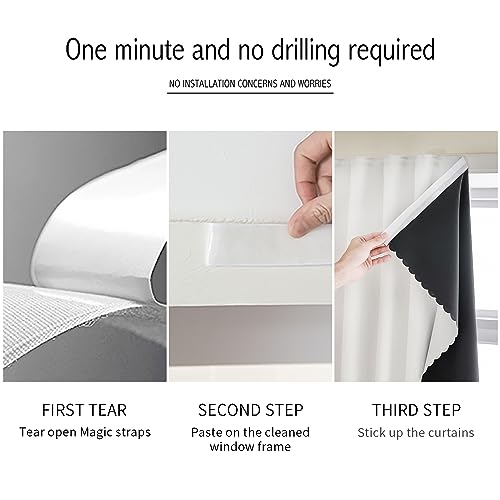 100% Blackout Shades Window Cover Self Adhesive Curtains Sticky Curtain Portable Easy Open Black Out Curtains for Bedroom Living Room No Drilling (White/ Thickened / 59"W x 72"L (Pack of 1))