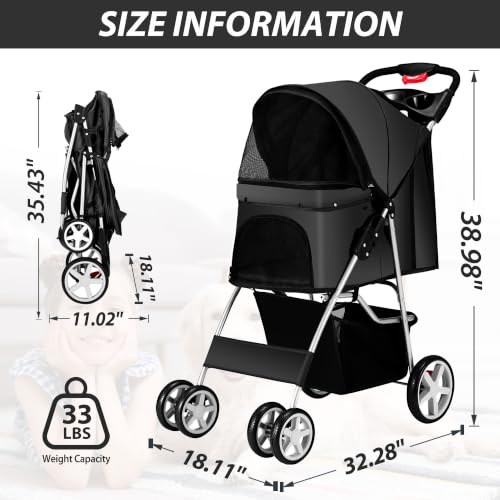 Foldable 4 Wheel Pet Stroller for Dogs Cats 10 (Black)