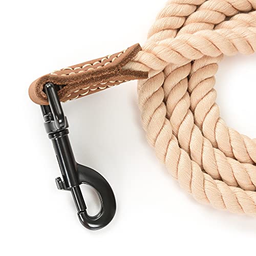 Dog Leash Braided Cotton Rope with Leather (Light Brown / 48 Inch-1/2")