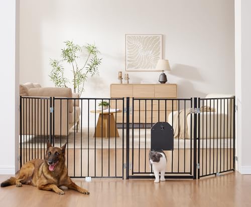 Freestanding Dog Gate with Cat Door for Indoor & Outdoor (Black / 【4 Panels with Cat Door】30''Tall, 104" Wide)