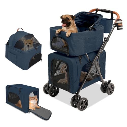 Dog Stroller with Detachable Carriers (Double-Blue)
