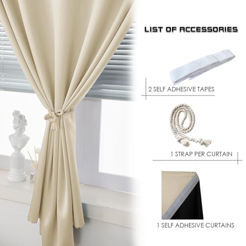 100% Blackout Stick Curtain Portable Black Out Curtains Adhesive Curtains for Bedroom Living Room No Drilling (Beige/ Thickened / 47"W x 54"L (Pack of 1))
