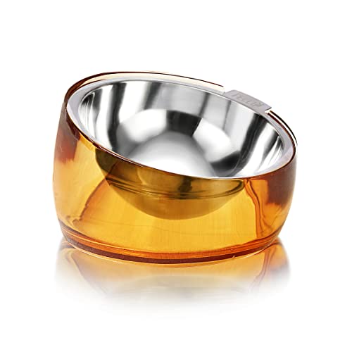 Pet Oblik Acrylic Raised Dog Food Water Bowl Stainless Steel Slanted Oval Dish for Short Leg Puppy & Small Medium Pet (Gold / 1.5 Cups Oval Dish)