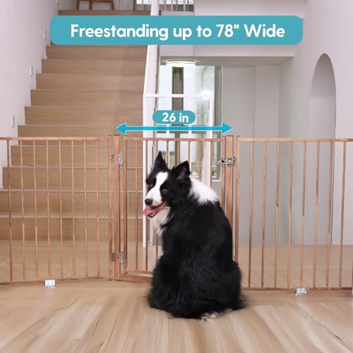 Freestanding Dog Gate with Door for Indoor & Outdoor (Brown / 【3 Panels with Door】78"W×30"H)