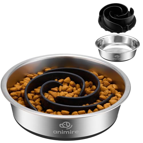 2-in-1 Metal Dog Bowl with Slow Feeder Insert, Stainless Steel Dog Bowls Food Grade 304, Water Food Bowl with Anti-Slip Silicone Base for Small, Medium, Large Dogs (1 Cup / Black)