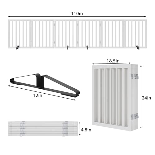 Wooden Dog Gate Freestanding Foldable 6 Panel Pet Gates Extra Wide Dog Gates for Indoor Doorways Stairs 24in Height Support Feet Included (Bamboo Dog Gate White / 6 Panel - 110 inches Wide)
