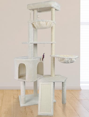 Wang Xin Four Layer Big Cat Tree with Huge Cat Condo and Two Hammocks Scratch Pad (Large / Beige)