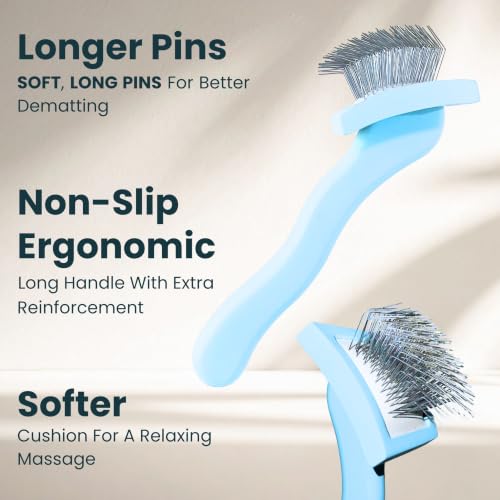 Pet Slicker Brush With Soft Massage Grooming Stainless Steel Pins (Baby Blue / Curved Small)