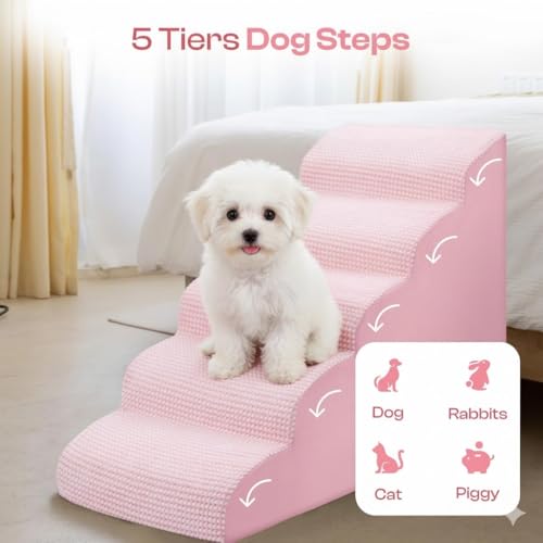 Dog Stairs for High Beds (White-pink / Stairs 24.5"H)
