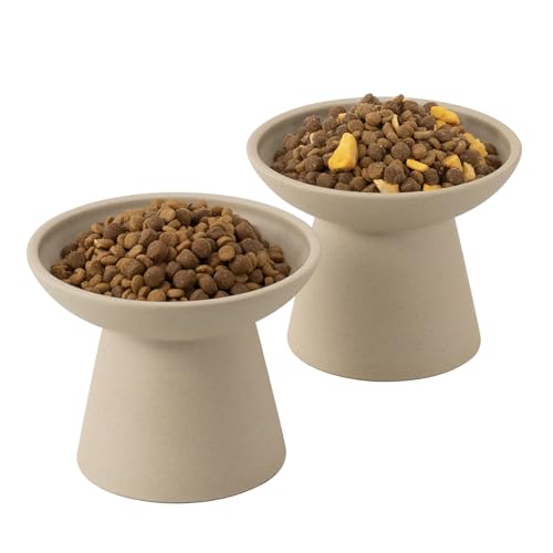 2 Pack Extra Wide Elevated Ceramic 6.2" Shallow Cat Food Bowls (Pottery Clay-2 Food Bowl)