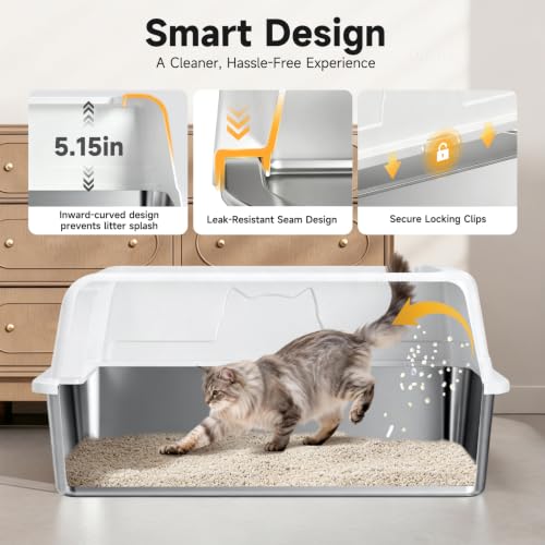High Sided Stainless Steel XL Cat Litter Box for Cats (White XL)
