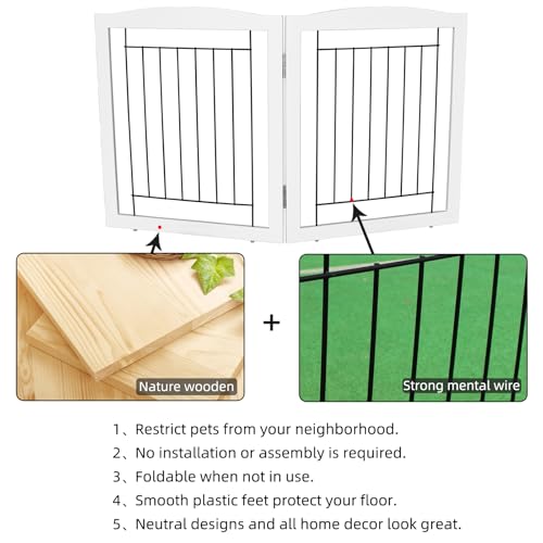 Freestanding Foldable Dog Gate for House Extra Wide Wooden White Indoor Puppy Gate Stairs Pet Gates Doorways Pet Gate Tall Dog Fence 2 Panels (White / 【2 Panels】40''w x 24''h)