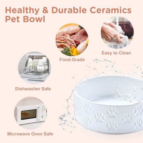 Ceramic Dog and Cat Bowls 2 Pack (6.1 in - 3.6 cups / Paw White - Only Bowls*2)