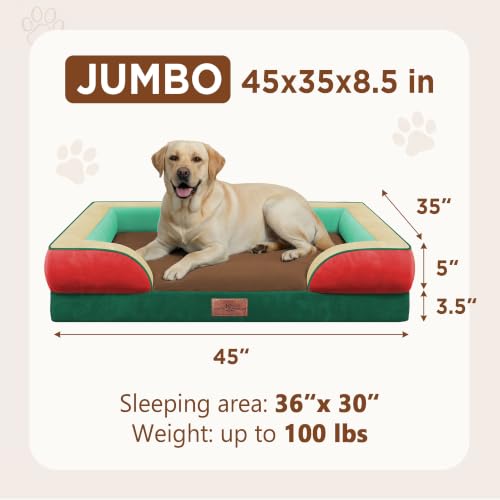 Orthopedic Dog Bed for Extra Large Dogs with Bolster (45.0"L x 35.0"W x 8.5"Th / Watermelon Mist)