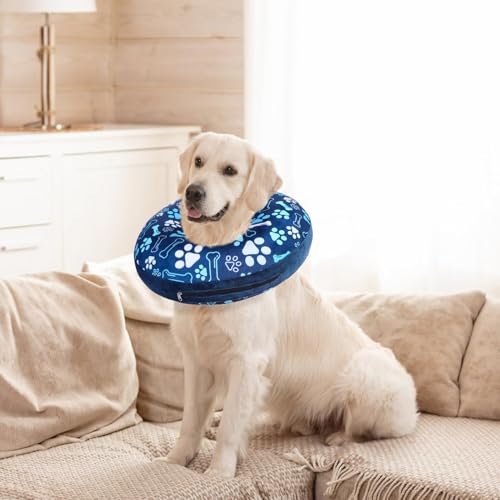 Dog Cone Alternative After Surgery Donut Collar (Blue Footprints / M(Neck 13"-16"))