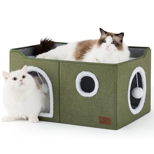Extra Wide Cat House Bed with Fluffy Ball and Scratch Pad (Loden Green / Widen)