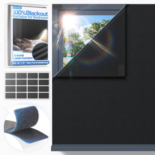 Linen Blackout Curtains for Bedroom Portable 75"×59" Black Out Window Cover (Black / 59"W x 75"H)