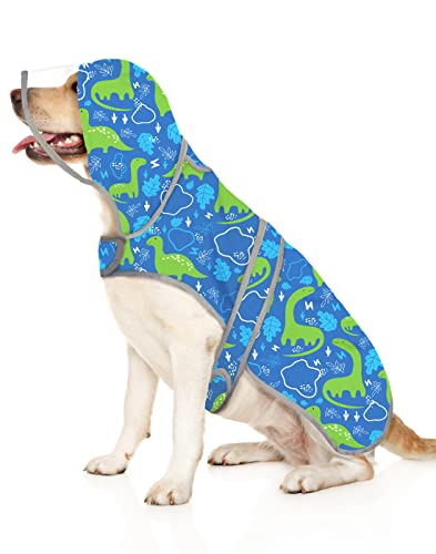 Clear Hooded Dog Raincoat Jacket Poncho with Dog Leash Hole Dino L (Large / Dinosaurs)