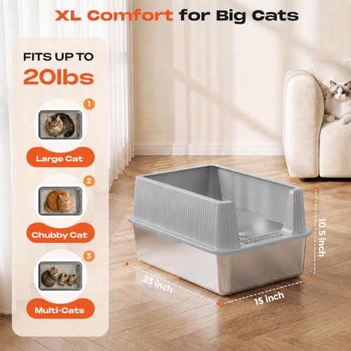 XL Stainless Steel Cat Litter Box with Lid and Scoop (Light Gray)