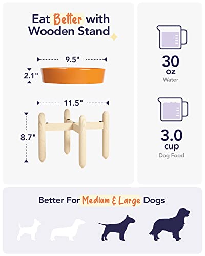 Ceramic Slow Feeder Puzzle Bowl Elevated 3 Cup with Wooden Stand for Medium Large Dog (Sun Orange+Stand / L-3 Cups)