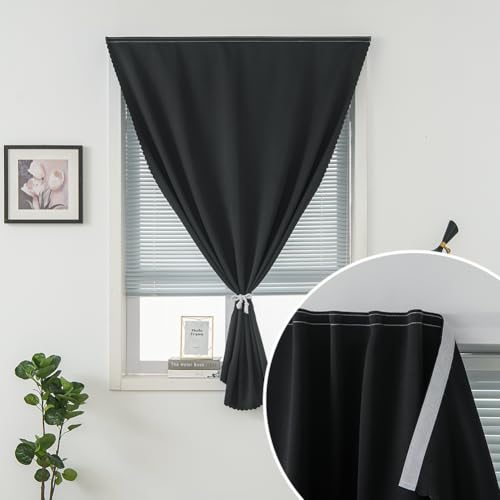 Blackout Curtains with Self Adhesive Tape No Rod No Drill Easy Install Window Cover for Bedroom Kitchen Dorm 34" W X 59" L Black 1 Panel (34"W x 59"L (Pack of 1) / Black)