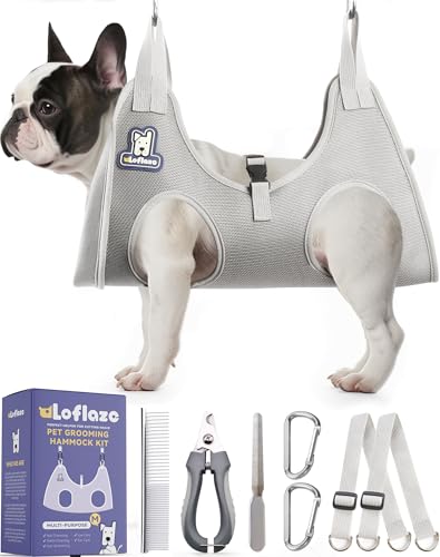 Dog Grooming Hammock Harness for Dogs & Cats with Pet Nail Clipper Trimmer (M ( Legs Distance : 7-14" / Max W：45lb ) / Grey)