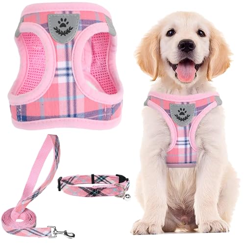 Dog Harness Collar and Leash Set No Pull for Small Medium Sized (Pink / M (CHEST 16"-18"))
