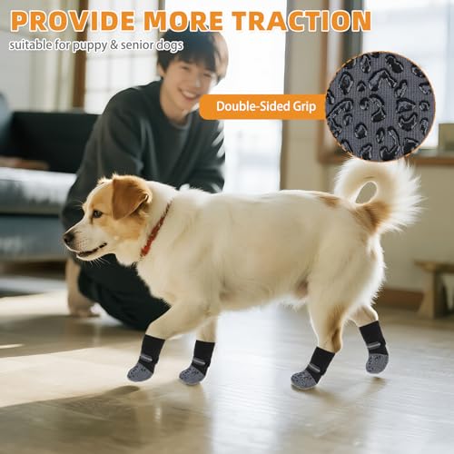 Anti Slip Dog Socks to Prevent Licking Paws (Grey Reflective / Large (4 Pack))