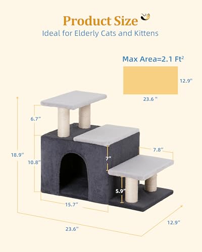 3-in-1 Pet Stairs for Cats, Dog Steps for Doggie Rabbits, Large (Large-Gray)