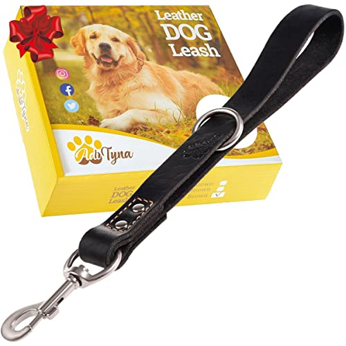 Short Leather Dog Leash 12" Length x 1" Wide (15" long x 1" width / Black)
