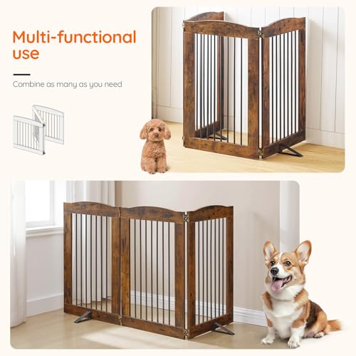 Indoor Dog Gate with Support Feet (Rustic Brown / 【3 Panels】61.4"L x 24"H)
