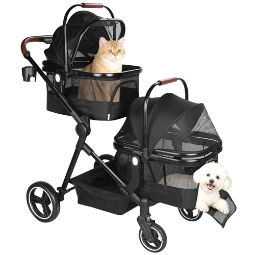 Foldable Double Pet Stroller for 2 Small Medium Cats Dogs (Black / Double)