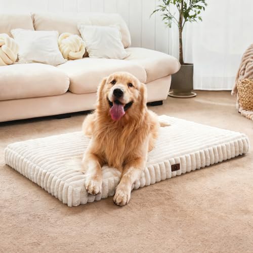 Large Orthopedic Dog Crate Bed with Waterproof Lining (L-Crate(35"*22"*3") / Cream)