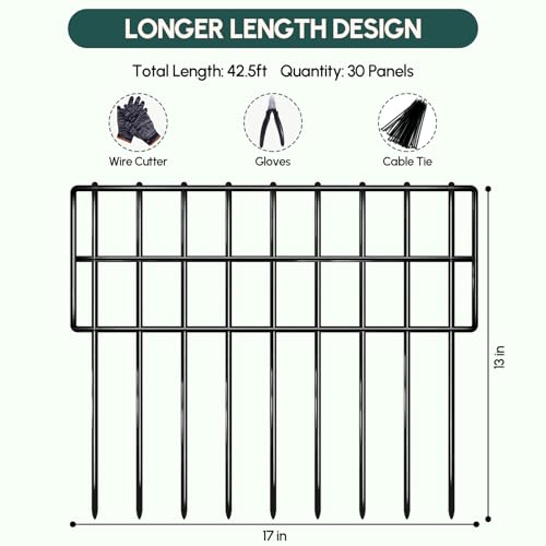42.5ft (L) x 13in (H) Garden Fence Animal Barrier, 30 Panels No Dig Fence for Dogs, 1.35in Gap Rustproof Metal Decorative Garden Fencing, Anti Digging Barrier Ground Defense Border for Outdoor, Yard (Black / 30 panels, 42.5ft(L)×13in(H) Black)