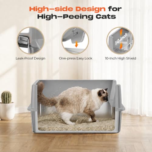 XL Stainless Steel Cat Litter Box with Lid and Scoop (Light Gray)