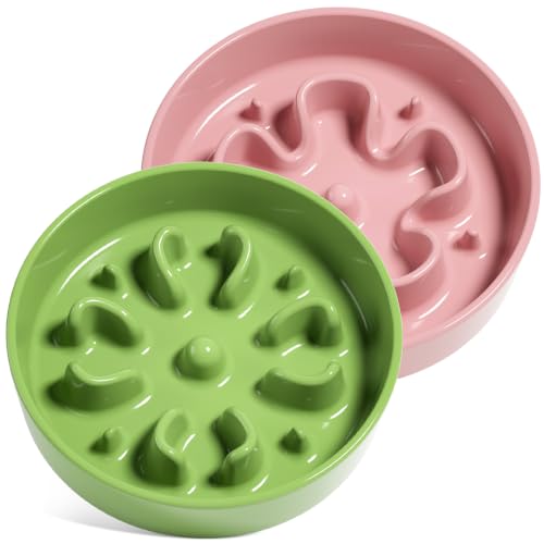 Ceramic Slow Feeder Dog Bowls Small Breed (Pink+Green(2 Pieces) / S-0.6 Cups)