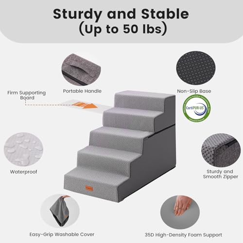 Dog Stairs for Small Dogs 22.8" H (Grey / 18"x29"x22.5"Extra Wide)