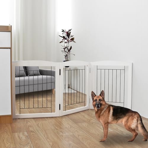 Freestanding Foldable Dog Gate for House Extra Wide Wooden White Indoor Puppy Gate Stairs Doorways Pet Gate Tall Dog Fence 3 Panels Fence (White / 【3 Panels】60''w x 24''h)