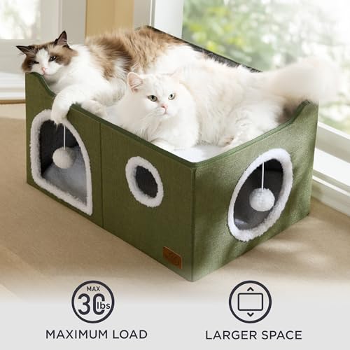 Extra Wide Cat House Bed with Fluffy Ball and Scratch Pad (Loden Green / Widen)