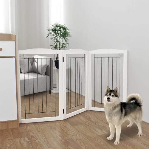 Freestanding Foldable Dog Gate for House Extra Wide Wooden White Puppy Gate Stairs Dog Gates Doorways Tall Pet Gate 3 Panels Pet Fence (White / 【3 Panels】60''w x 32''h)