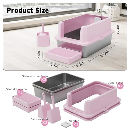 High Sided Large Cat Litter Box (Pink with Deodorizer, 2 Pack)