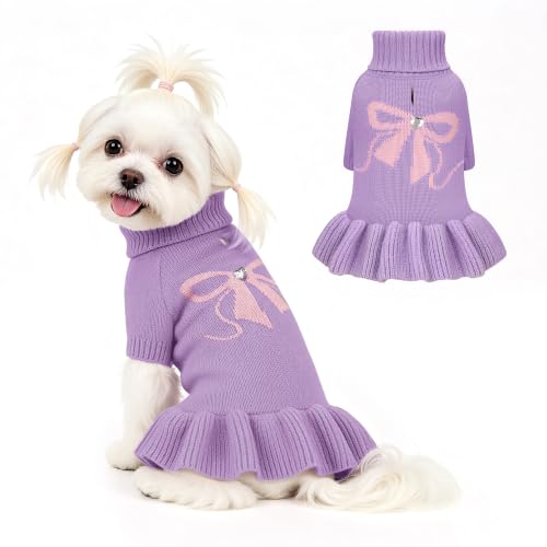Bowknot Dog Sweater Dress for Small Dogs Girl (Medium (8-14lbs) / Purple)